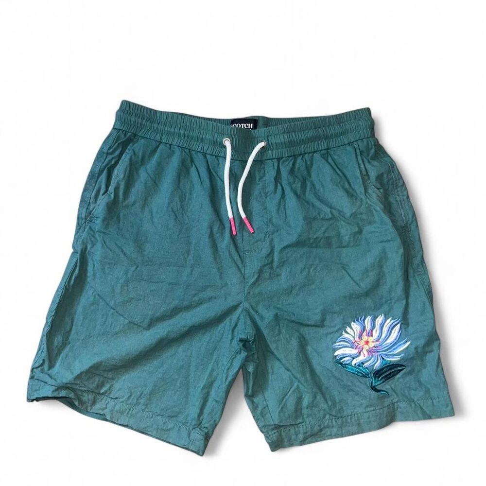 Scotch & Soda Amsterdam Men's Green Embroidered Sakura Drawstring Shorts SZ M